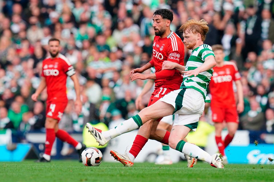 Celtic's Liam Scales tackles Aberdeen's Oday Dabbagh during last Saturday's Scottish Cup final at Hampden Park, Glasgow